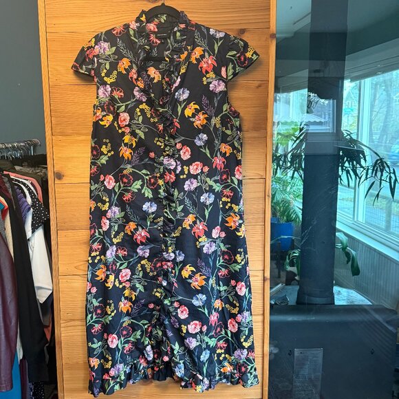 Black Floral Print Dress Cap Sleeve and Ruffled Hem. - Picture 6 of 12